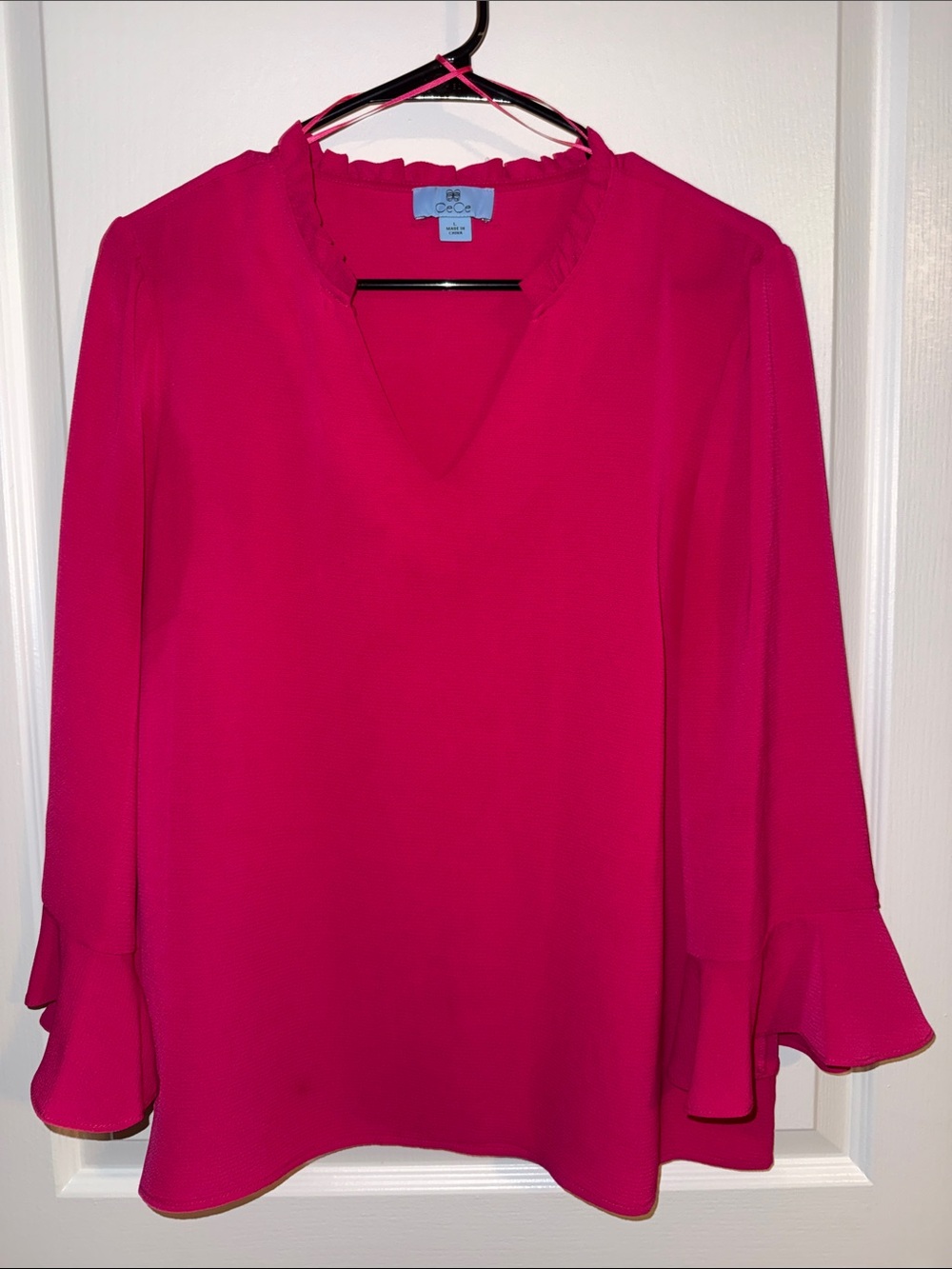 CeCe Bright Fuchsia Ruffle V-Neck Bell Sleeve Blouse